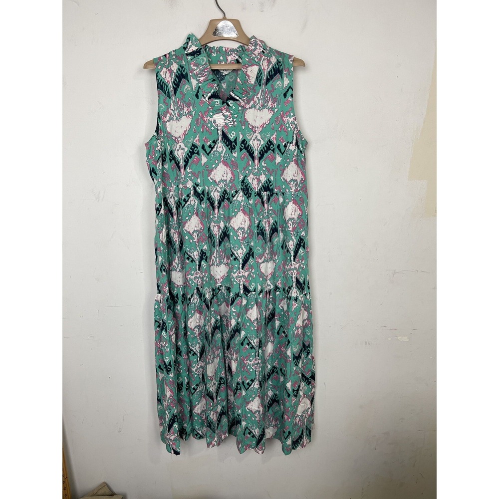 Crown Ivy Womens Dress Large Green‎ Beachy Coastal Tiered Maxi Vacation Boho